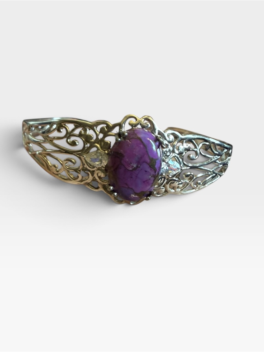 Purple Marbled Stone Filigree Cuff Bracelet Statement